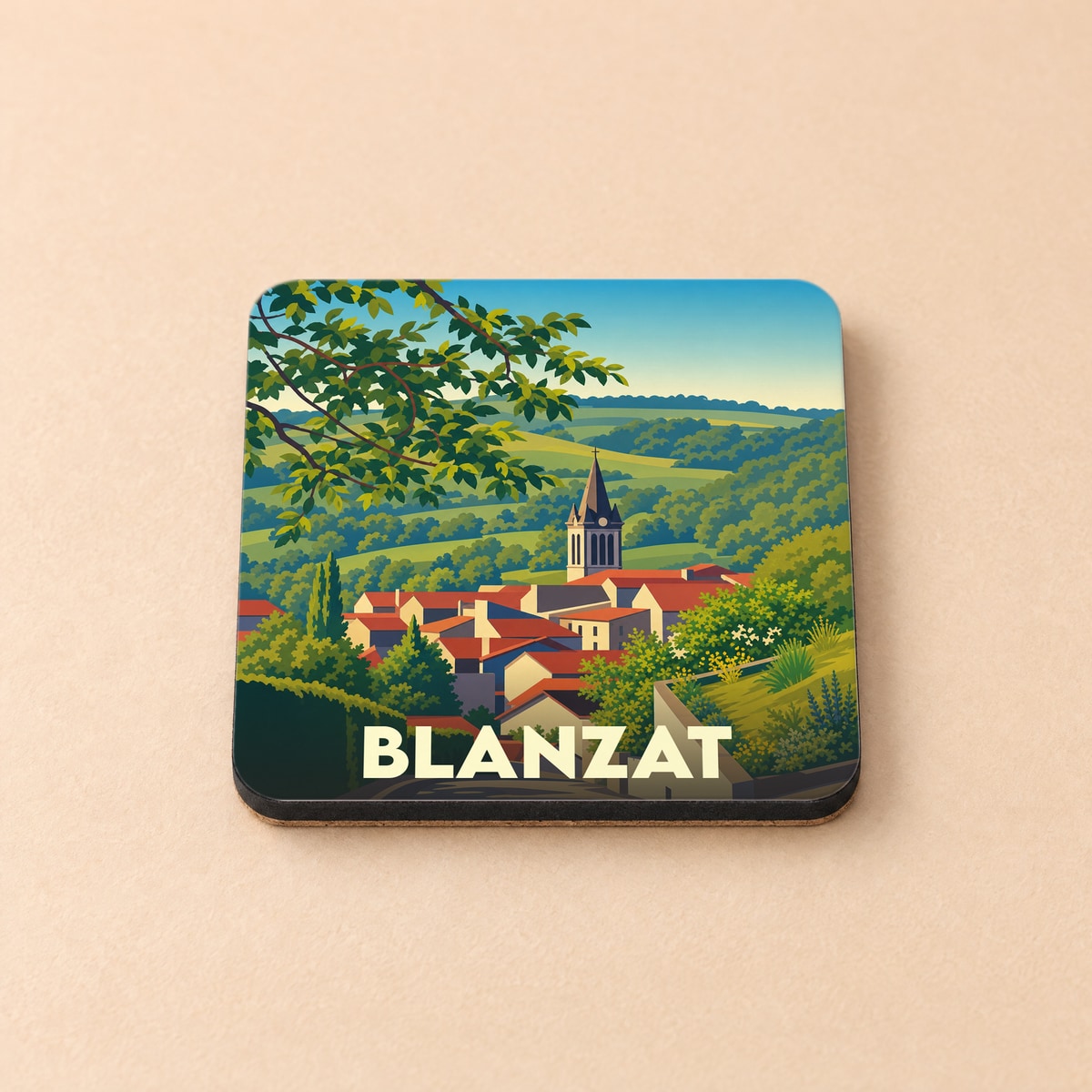 Dessous de verre souvenir de la ville de Blanzat avec une illustration stylisée d'un village vallonné.