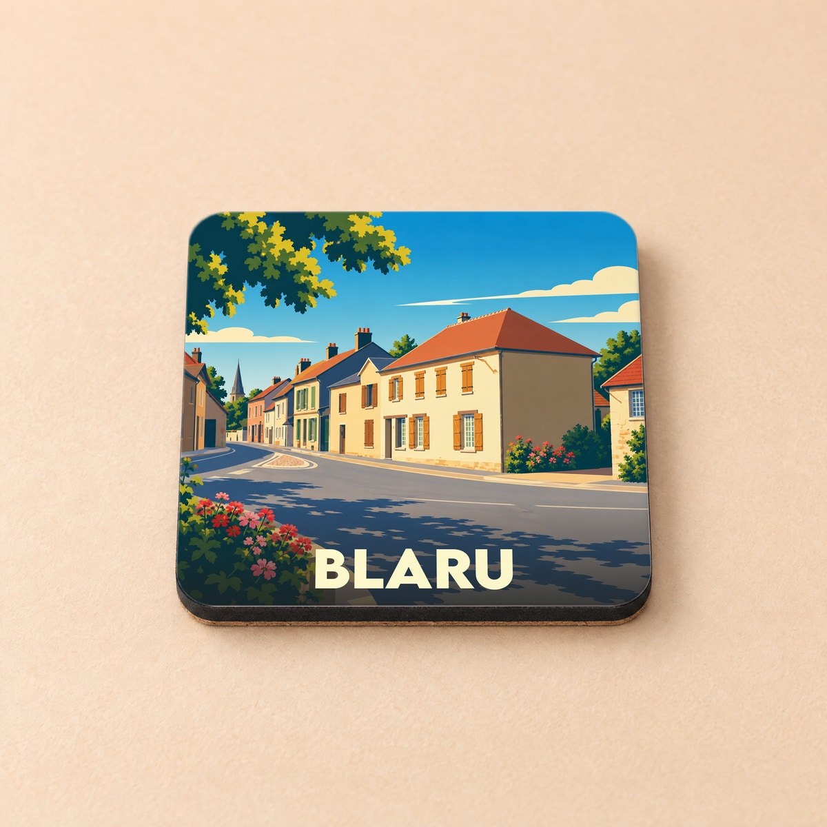 Dessous de verre souvenir de la ville de Blaru avec une illustration stylisée.