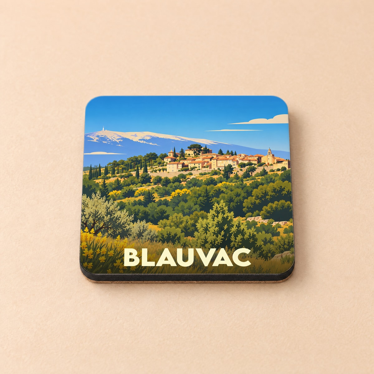 Dessous de verre souvenir de la ville de Blauvac avec une illustration stylisée.