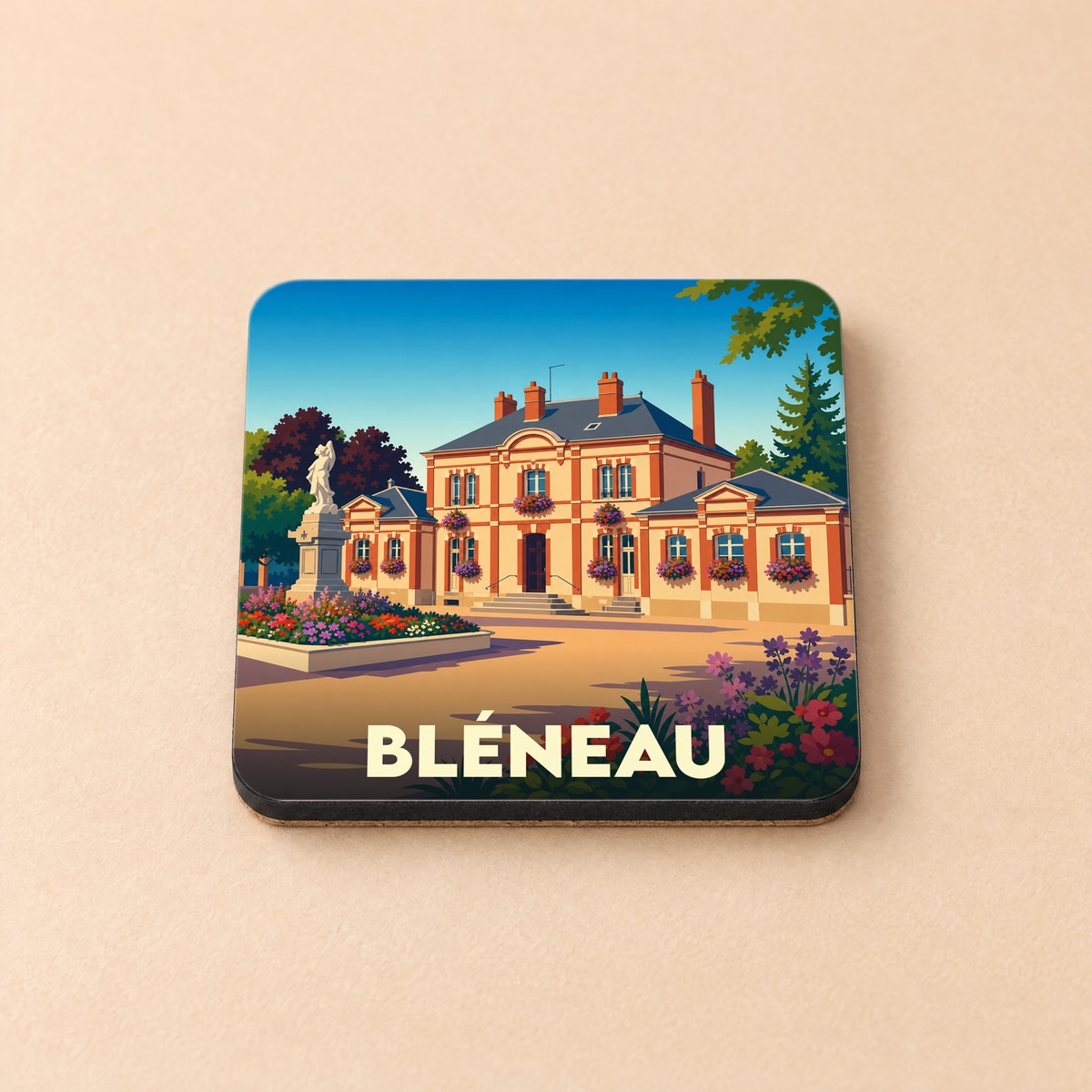 Dessous de verre souvenir de la ville de Bléneau avec une illustration stylisée de son hôtel de ville fleuri.