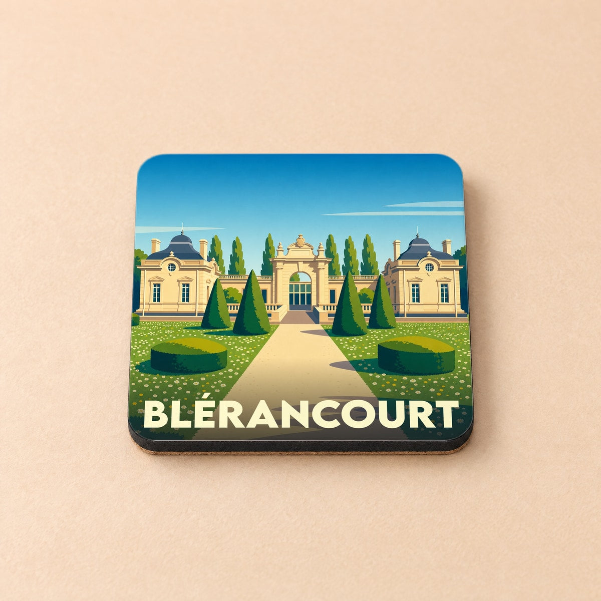Dessous de verre souvenir de la ville de Blérancourt avec une illustration stylisée de son château et ses jardins.