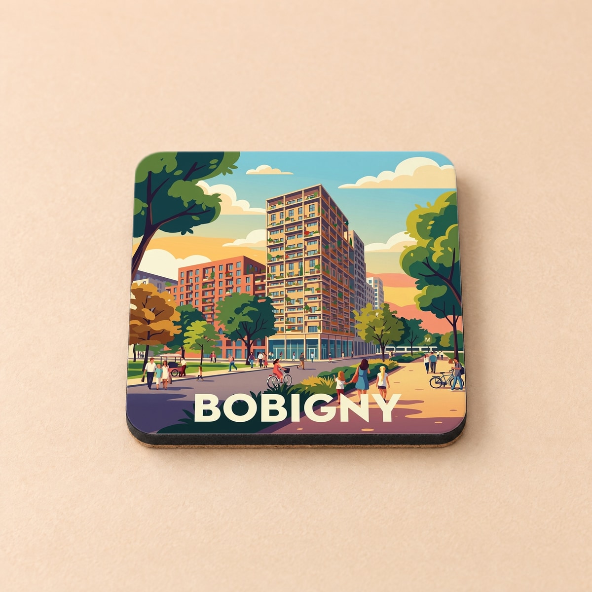 Dessous de verre souvenir de la ville de Bobigny avec une illustration urbaine colorée et stylisée.