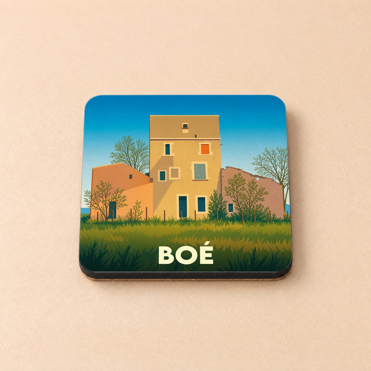 Dessous de verre souvenir de la ville de Boé avec une illustration stylisée de maisons et de nature.