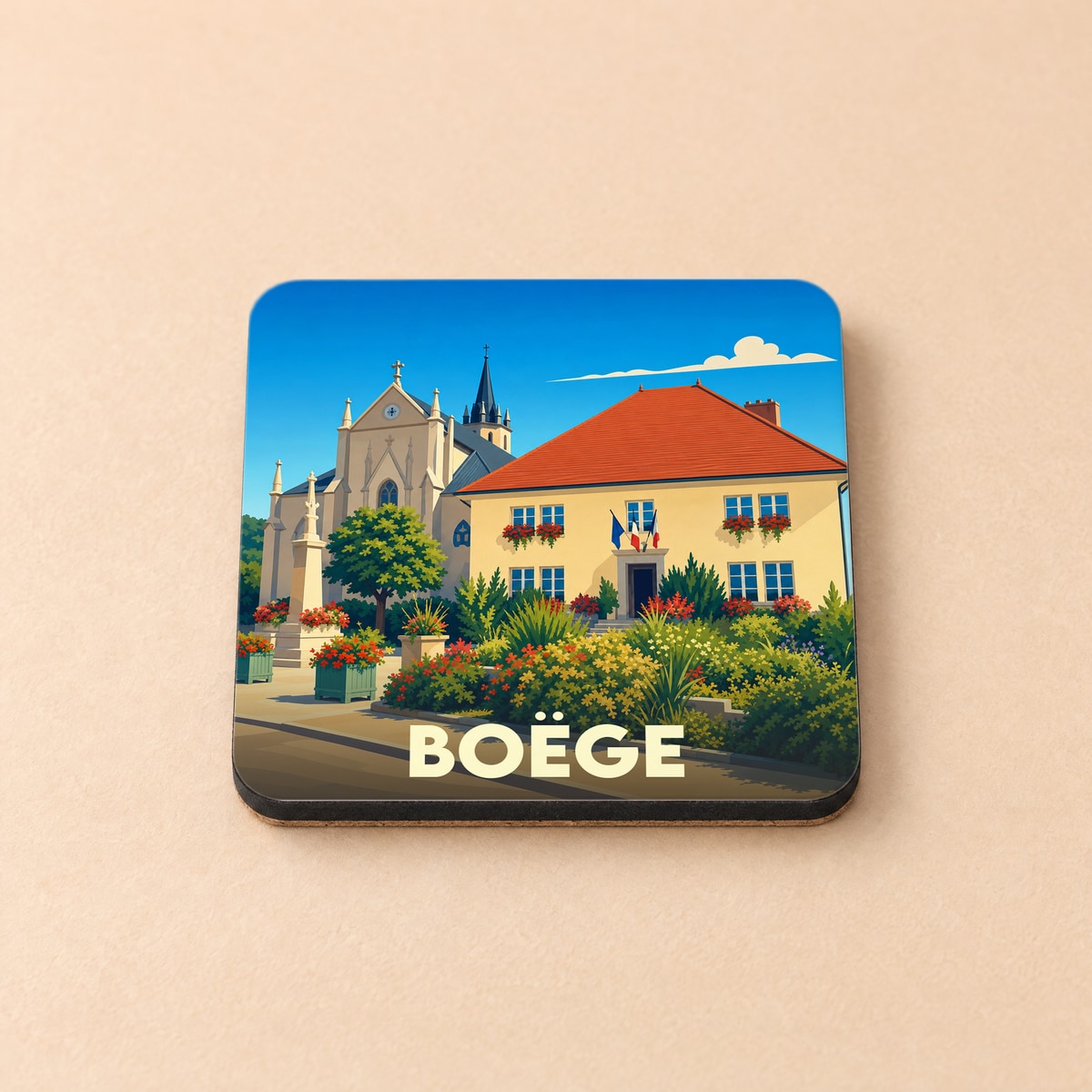 Dessous de verre souvenir de la ville de Boëge avec une illustration stylisée de sa mairie et de son église.