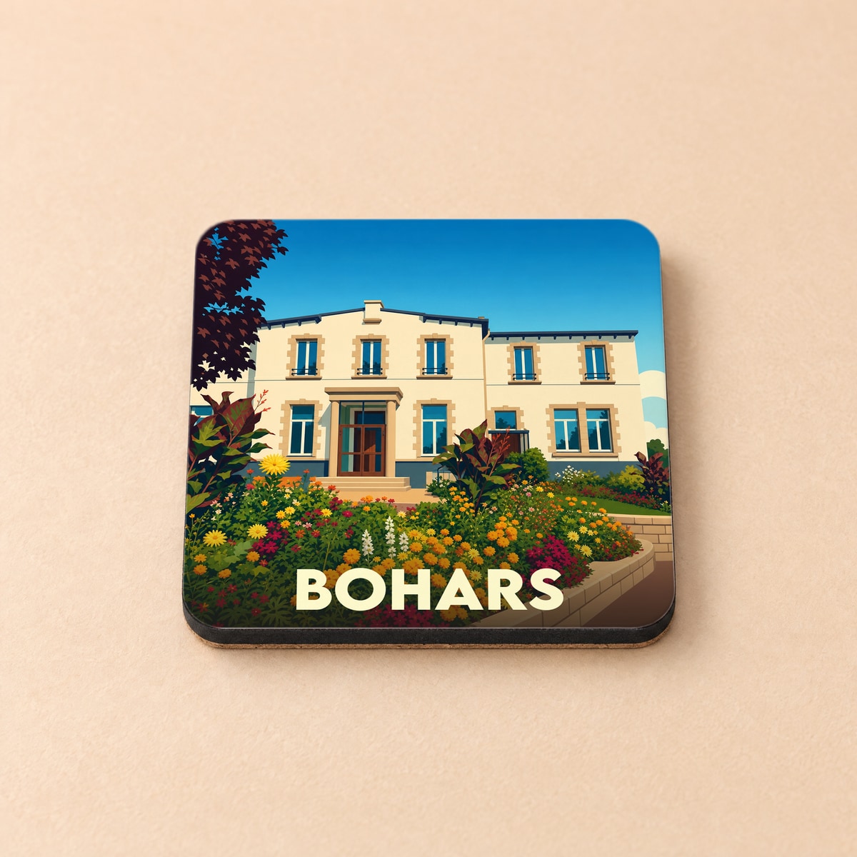 Dessous de verre souvenir de la ville de Bohars avec une illustration stylisée.