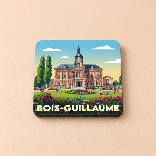 Dessous de verre souvenir de la ville de Bois-Guillaume avec une illustration stylisée de son hôtel de ville.