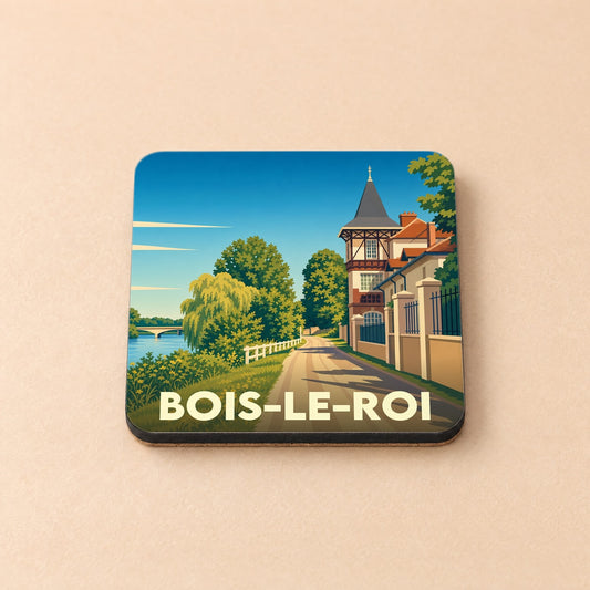 Dessous de verre souvenir de la ville de Bois-le-Roi avec une illustration stylisée.