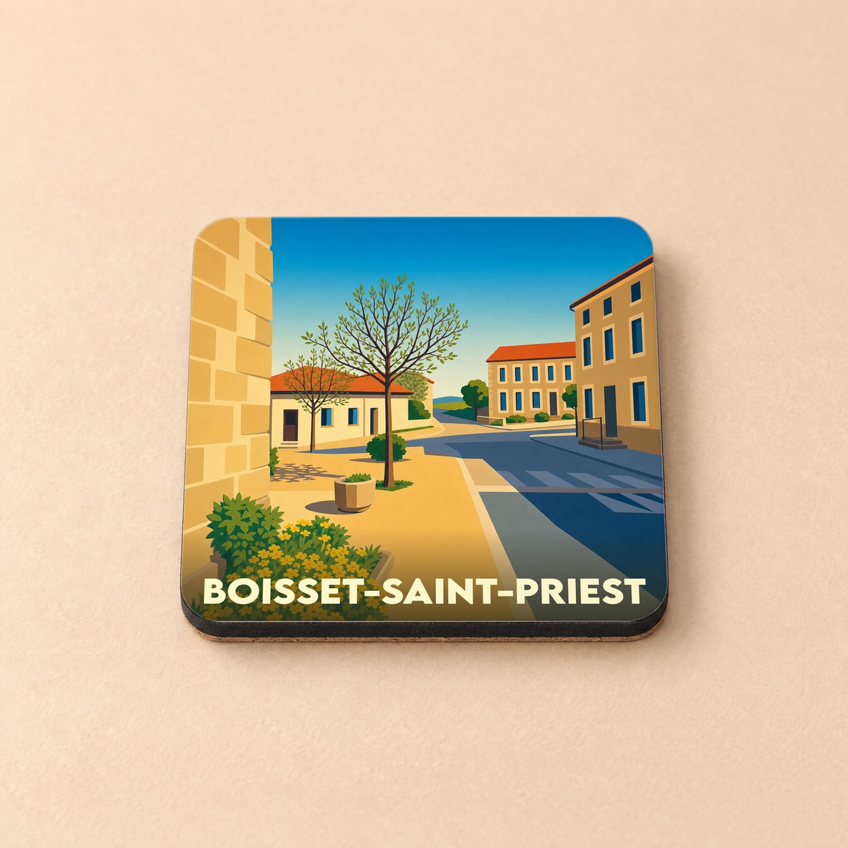 Dessous de verre souvenir de la ville de Boisset-Saint-Priest avec une illustration stylisée.