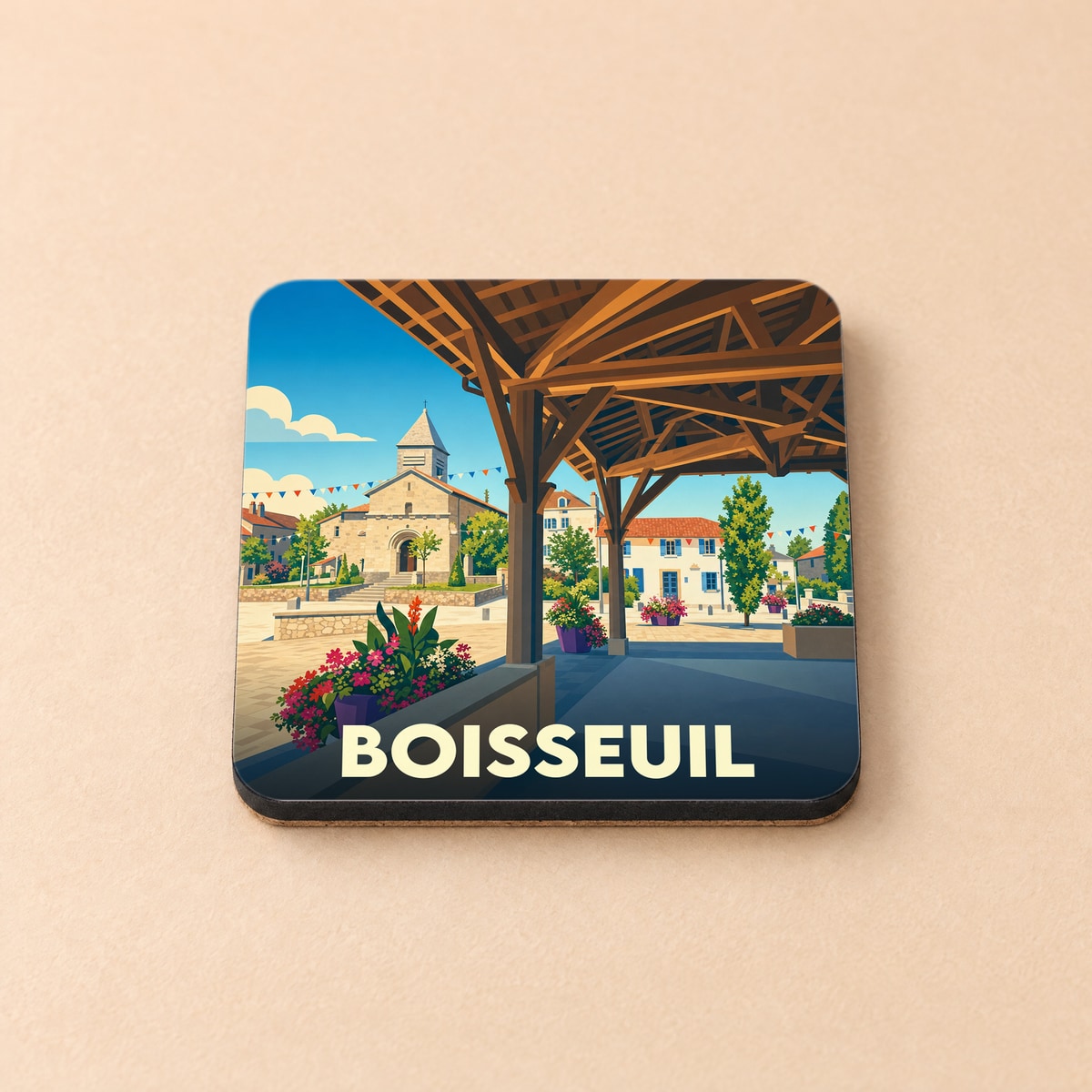 Dessous de verre souvenir de la ville de Boisseuil avec une illustration stylisée de sa place centrale.