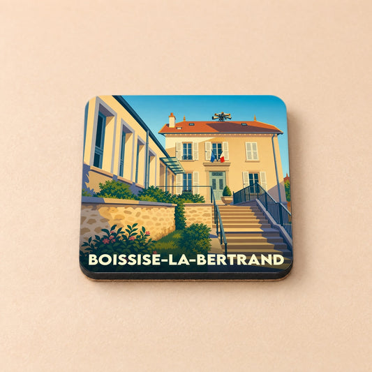 Dessous de verre souvenir de la ville de Boissise-la-Bertrand avec une illustration stylisée de la mairie.