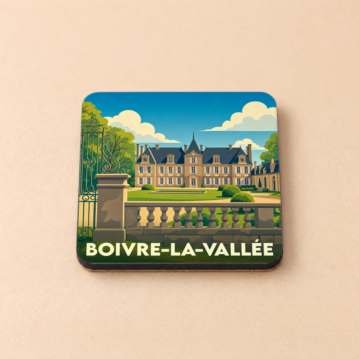 Dessous de verre souvenir de la ville de Boivre-la-Vallée avec une illustration stylisée d'un château.