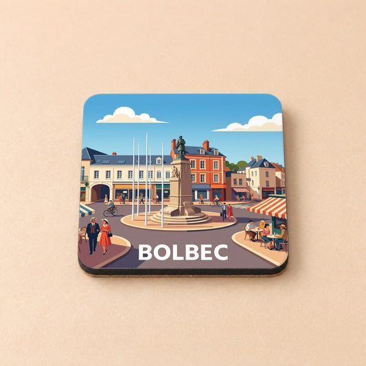 Dessous de verre souvenir de la ville de Bolbec avec une illustration stylisée d'une place animée.