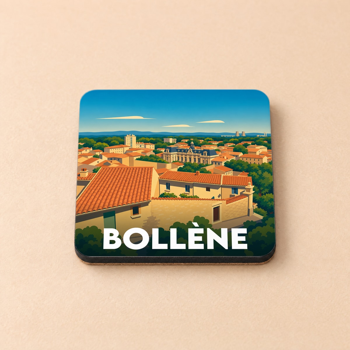 Dessous de verre souvenir de la ville de Bollène avec une illustration stylisée.