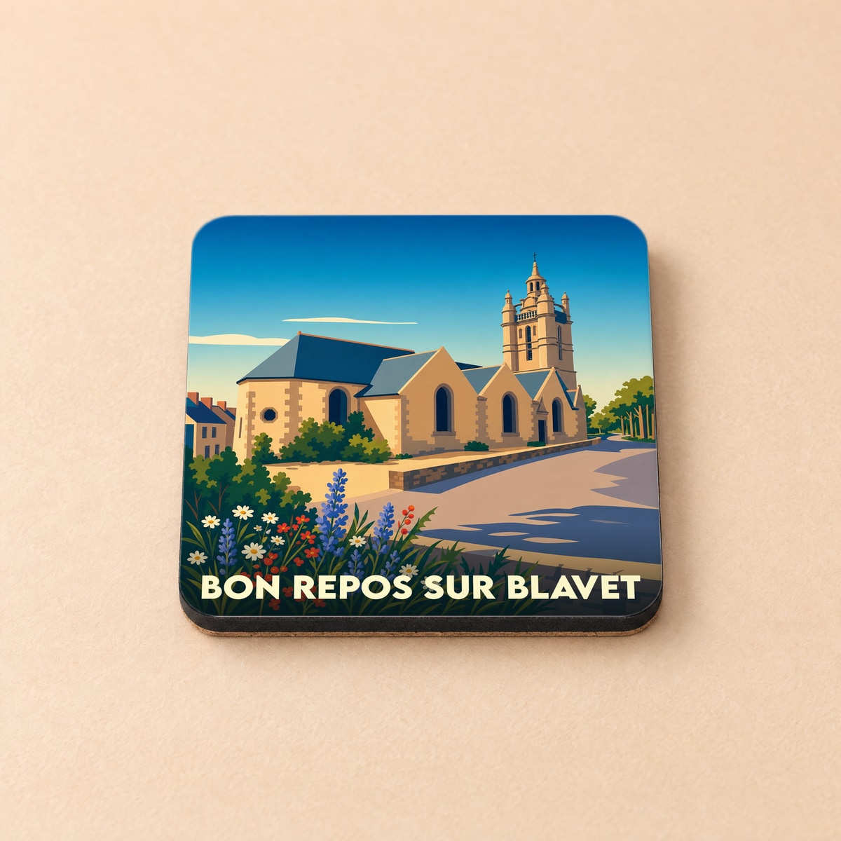 Dessous de verre souvenir de la ville de Bon Repos sur Blavet avec une illustration stylisée d'une église.