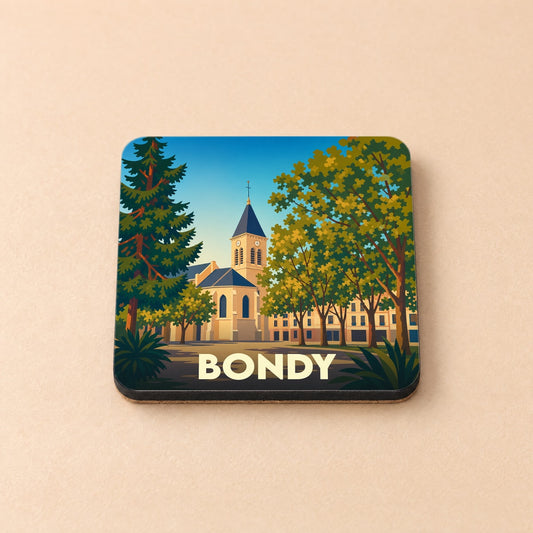 Dessous de verre souvenir de la ville de Bondy illustré d'une église entourée d'arbres dans un style graphique épuré.