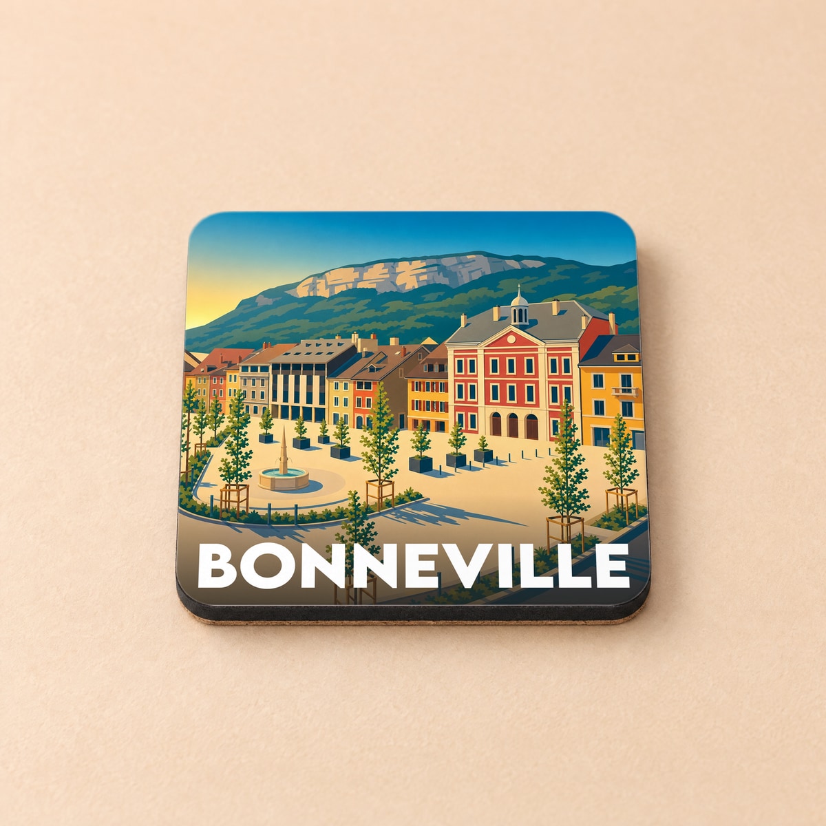 Dessous de verre souvenir de la ville de Bonneville avec une illustration stylisée de sa place centrale.