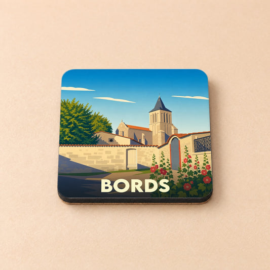 Dessous de verre souvenir de la ville de Bords avec une illustration stylisée d'une église et d'un mur en pierre.