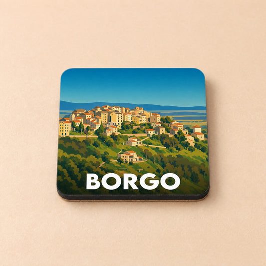 Dessous de verre souvenir de la ville de Borgo avec une illustration stylisée d'un village perché.