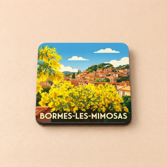 Dessous de verre souvenir de la ville de Bormes-les-Mimosas avec une illustration stylisée de ses maisons provençales et de ses mimosas en fleurs.