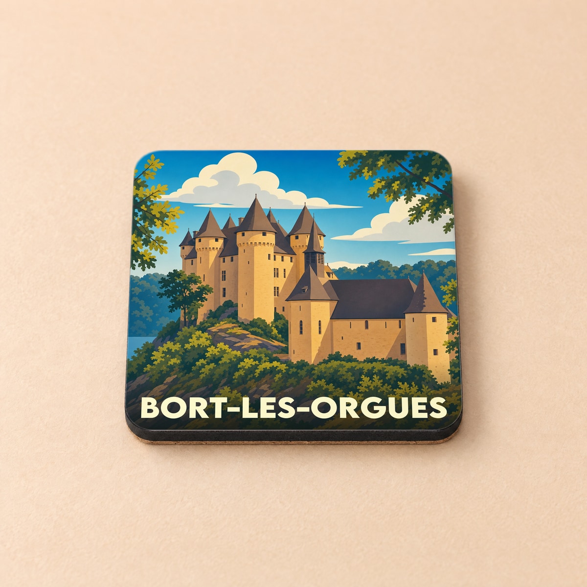 Dessous de verre souvenir de la ville de Bort-les-Orgues illustrant son château dans un style vintage.