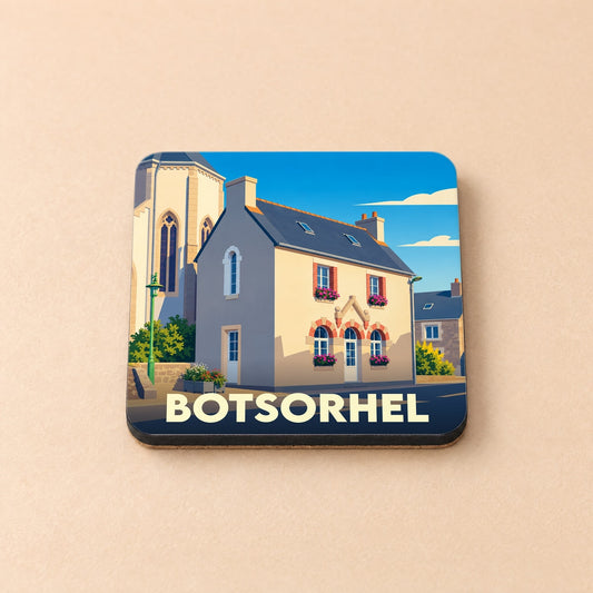 Dessous de verre souvenir de la ville de Botsorhel avec une illustration stylisée.