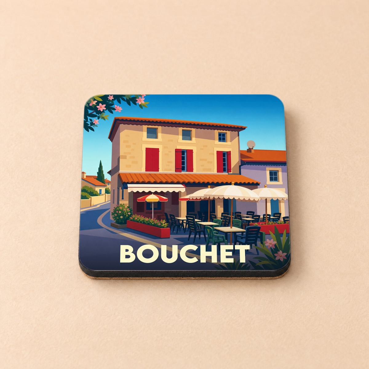 Dessous de verre souvenir de la ville de Bouchet avec une illustration stylisée d'une terrasse ensoleillée.