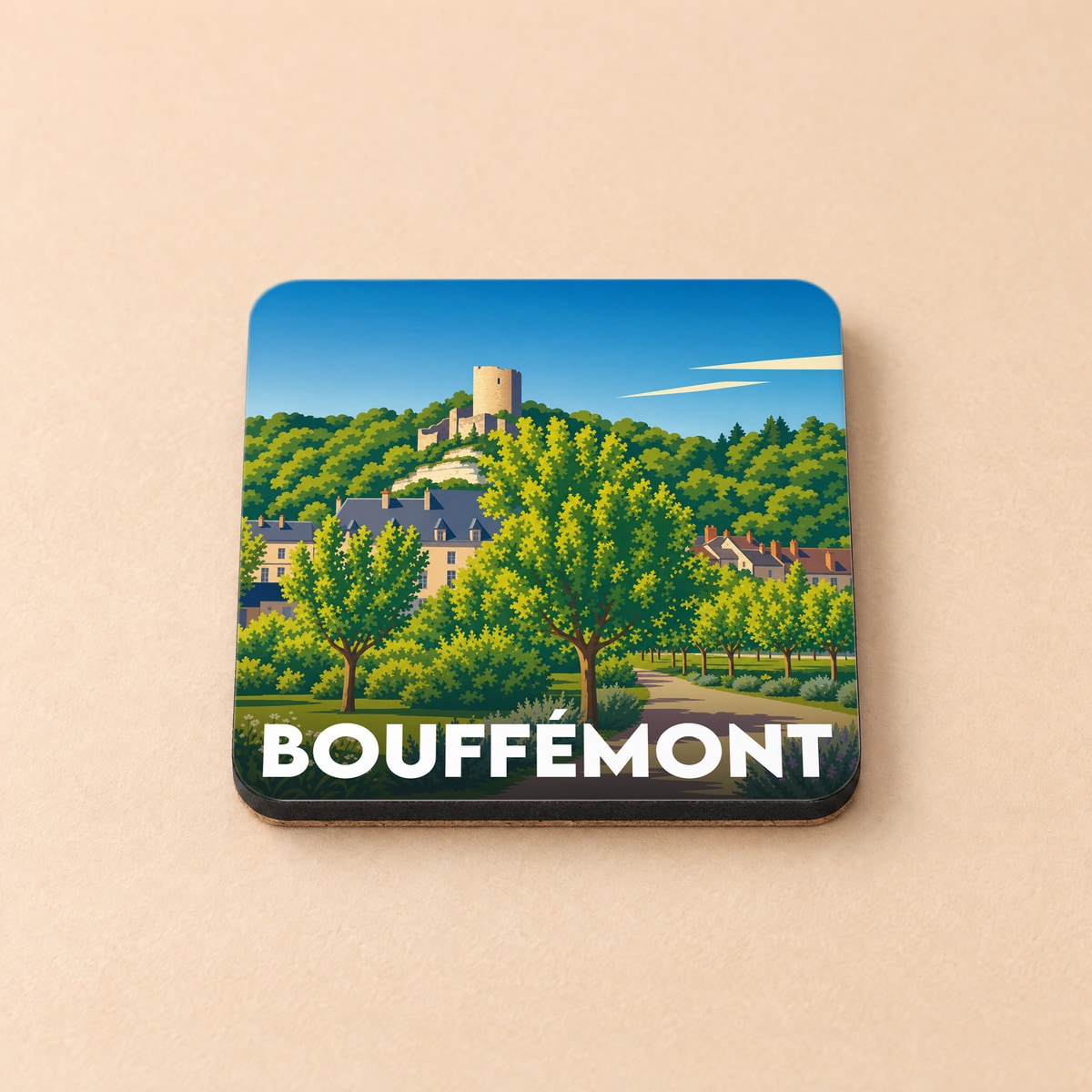 Dessous de verre souvenir de la ville de Bouffémont avec une illustration stylisée.
