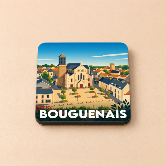 Dessous de verre souvenir de la ville de Bouguenais avec une illustration stylisée.