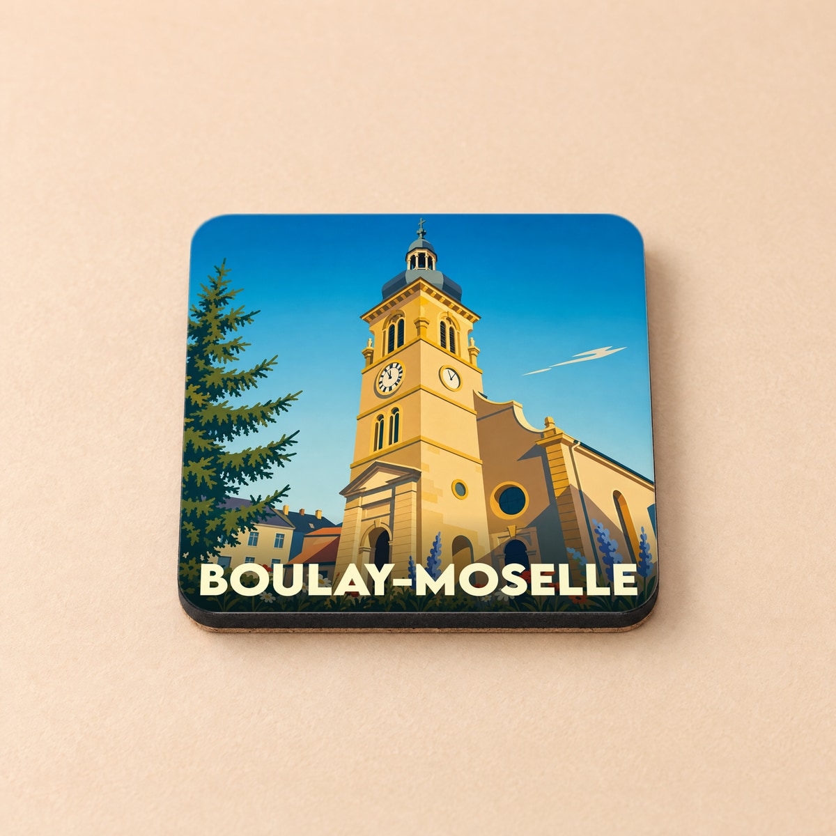 Dessous de verre souvenir de la ville de Boulay-Moselle avec une illustration stylisée de son église.