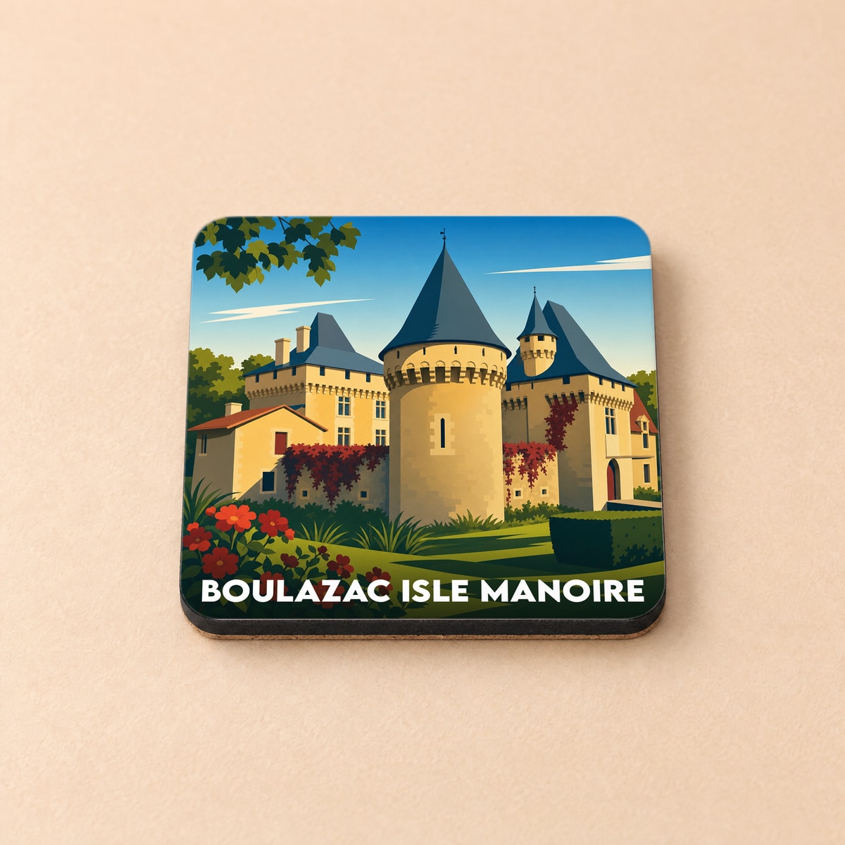 Dessous de verre souvenir de la ville de Boulazac Isle Manoire avec une illustration stylisée d'un château médiéval.