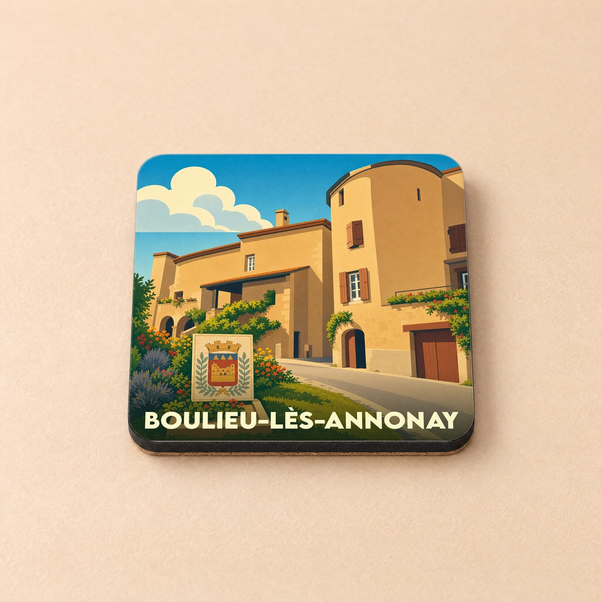 Dessous de verre souvenir de la ville de Boulieu-lès-Annonay avec une illustration stylisée.