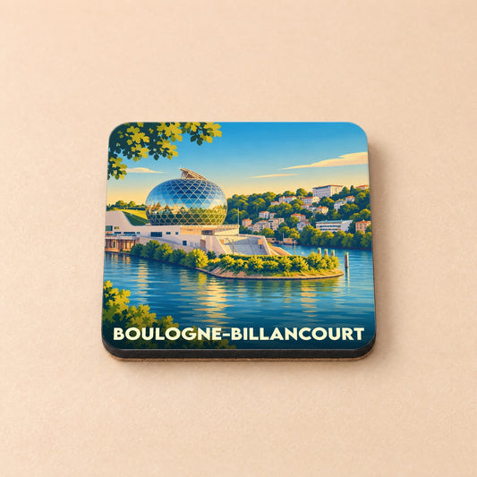Dessous de verre souvenir de la ville de Boulogne-Billancourt avec une illustration stylisée de la Seine Musicale.