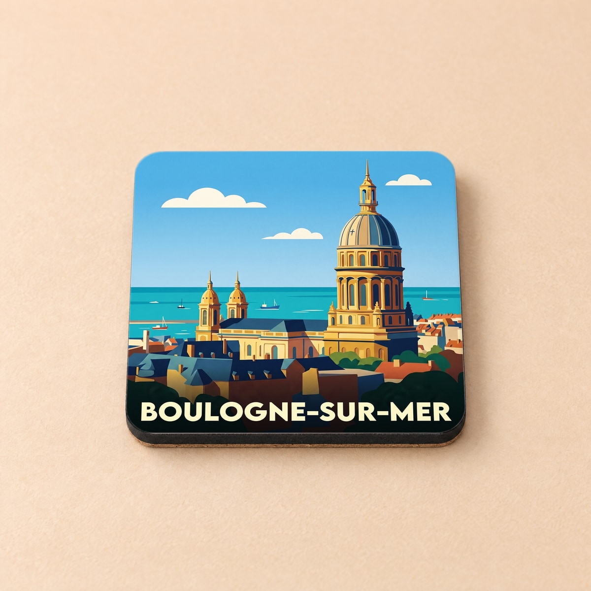 Dessous de verre souvenir de la ville de Boulogne-sur-Mer avec une illustration stylisée de sa basilique face à la mer.