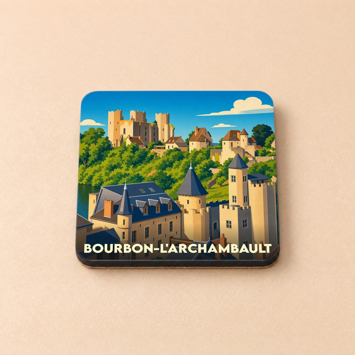 Dessous de verre souvenir de la ville de Bourbon-l'Archambault avec une illustration stylisée de son château médiéval.