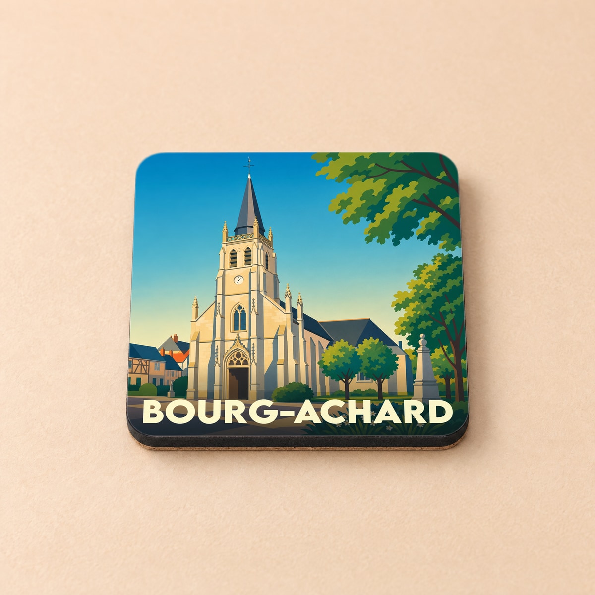 Dessous de verre souvenir de la ville de Bourg-Achard avec une illustration stylisée de son église.