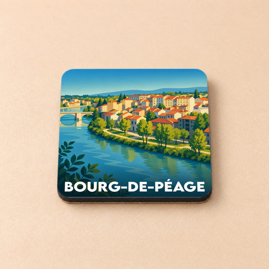 Dessous de verre souvenir de la ville de Bourg-de-Péage avec une illustration stylisée des bords de l'Isère.