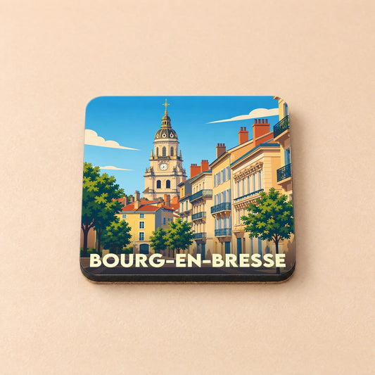 Dessous de verre souvenir de la ville de Bourg-en-Bresse avec une illustration stylisée.