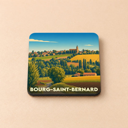 Dessous de verre souvenir de la ville de Bourg-Saint-Bernard avec une illustration stylisée de son paysage vallonné.