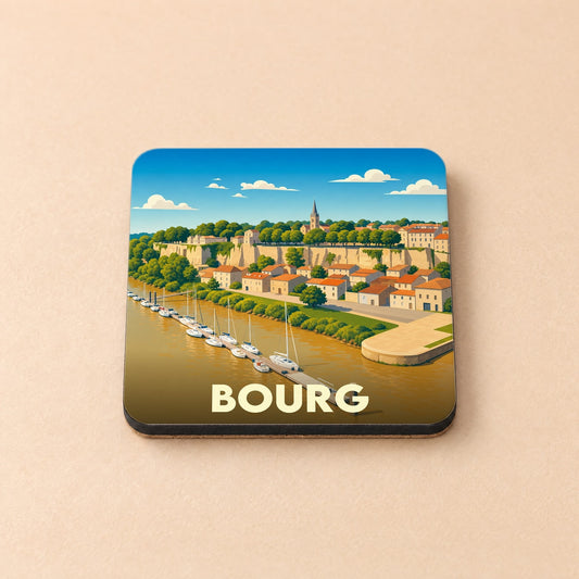 Dessous de verre souvenir de la ville de Bourg avec une illustration stylisée de son port et de ses falaises.