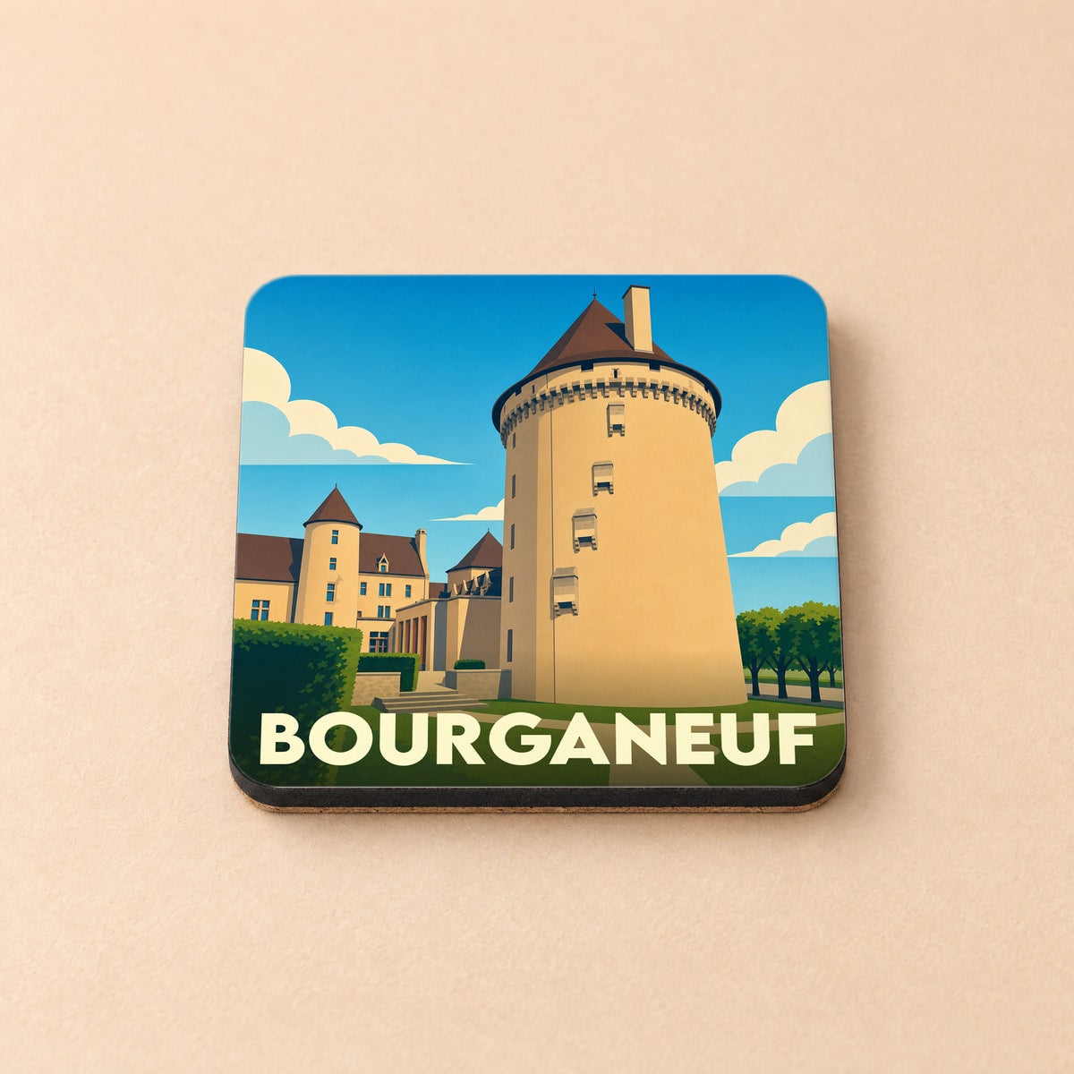 Dessous de verre souvenir de la ville de Bourganeuf avec une illustration stylisée de son château.