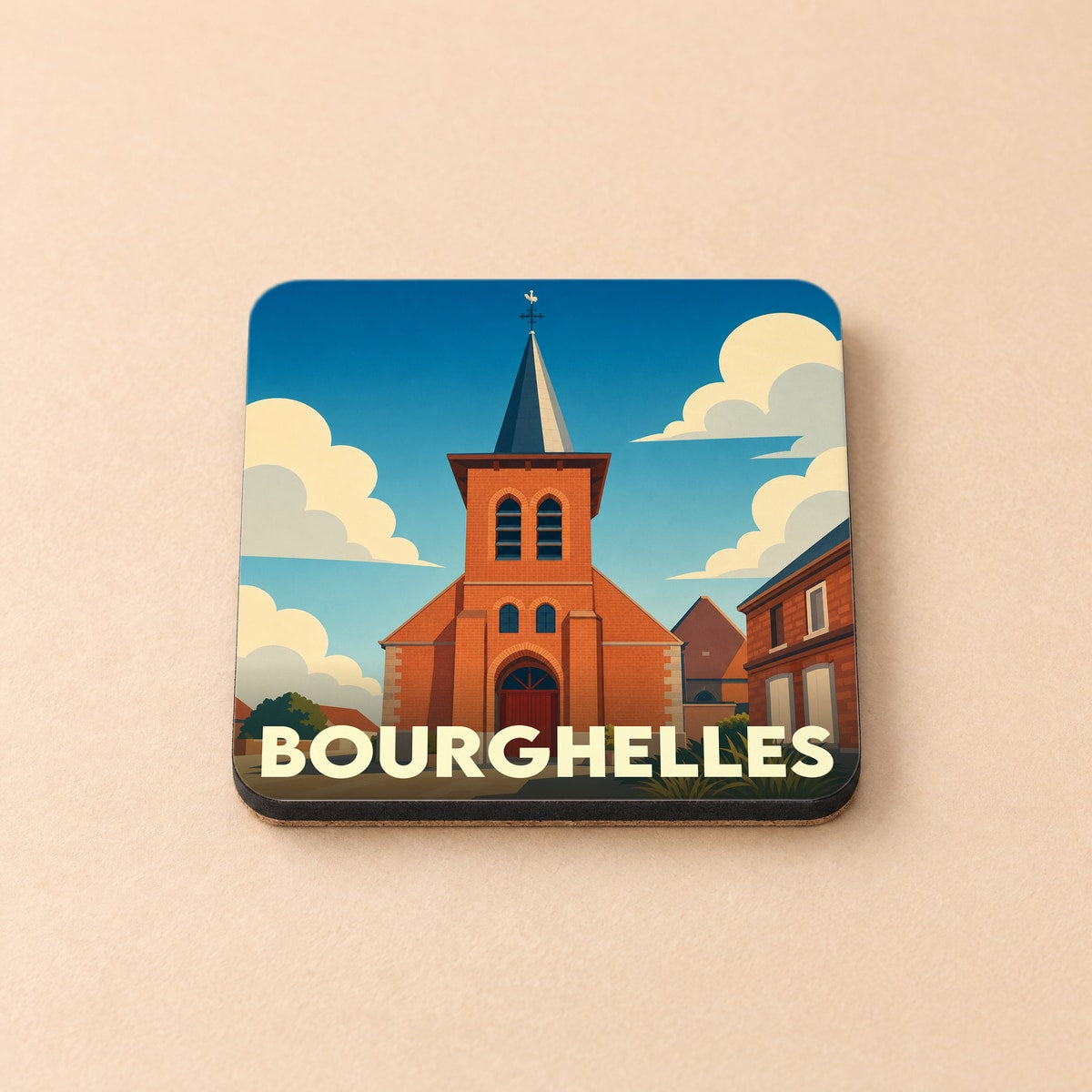 Dessous de verre souvenir de la ville de Bourghelles avec une illustration stylisée de son église.