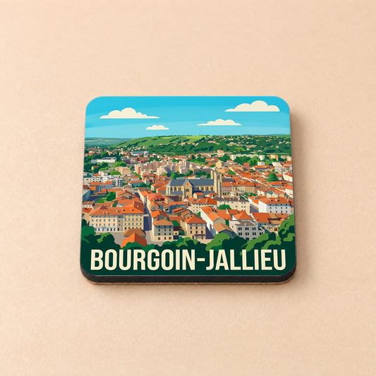 Dessous de verre souvenir de la ville de Bourgoin-Jallieu avec une illustration stylisée.