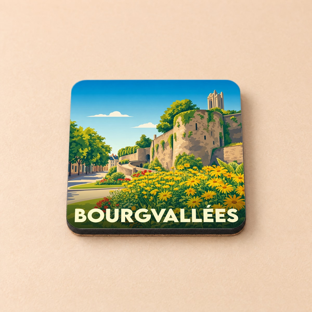 Dessous de verre souvenir de la ville de Bourgvallées avec une illustration stylisée de ses remparts fleuris.