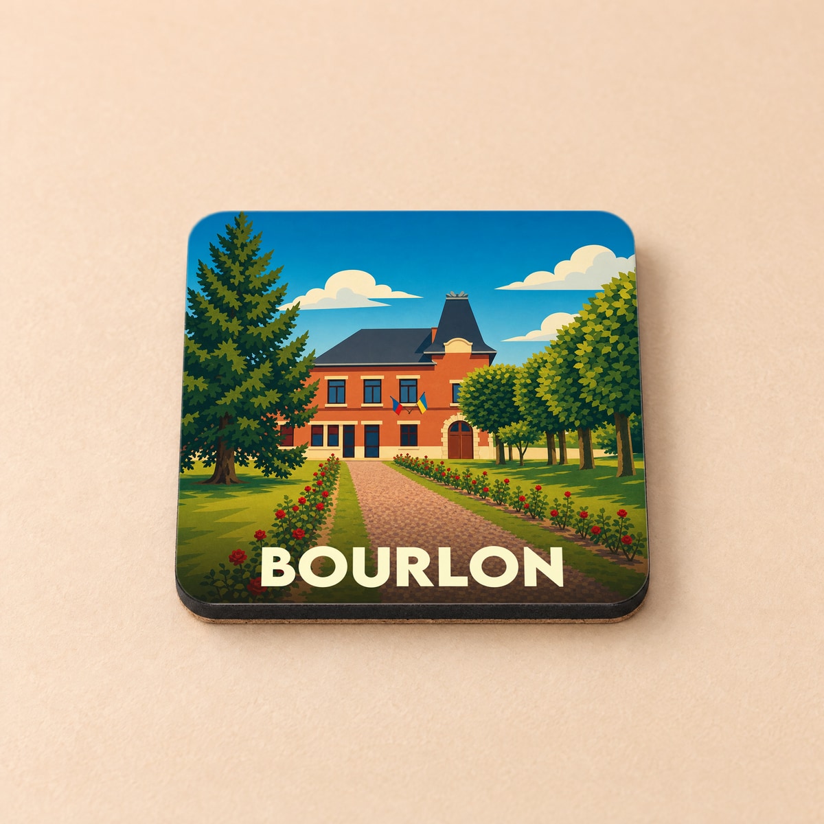 Dessous de verre souvenir de la ville de Bourlon avec une illustration stylisée d'un bâtiment et d'un jardin.