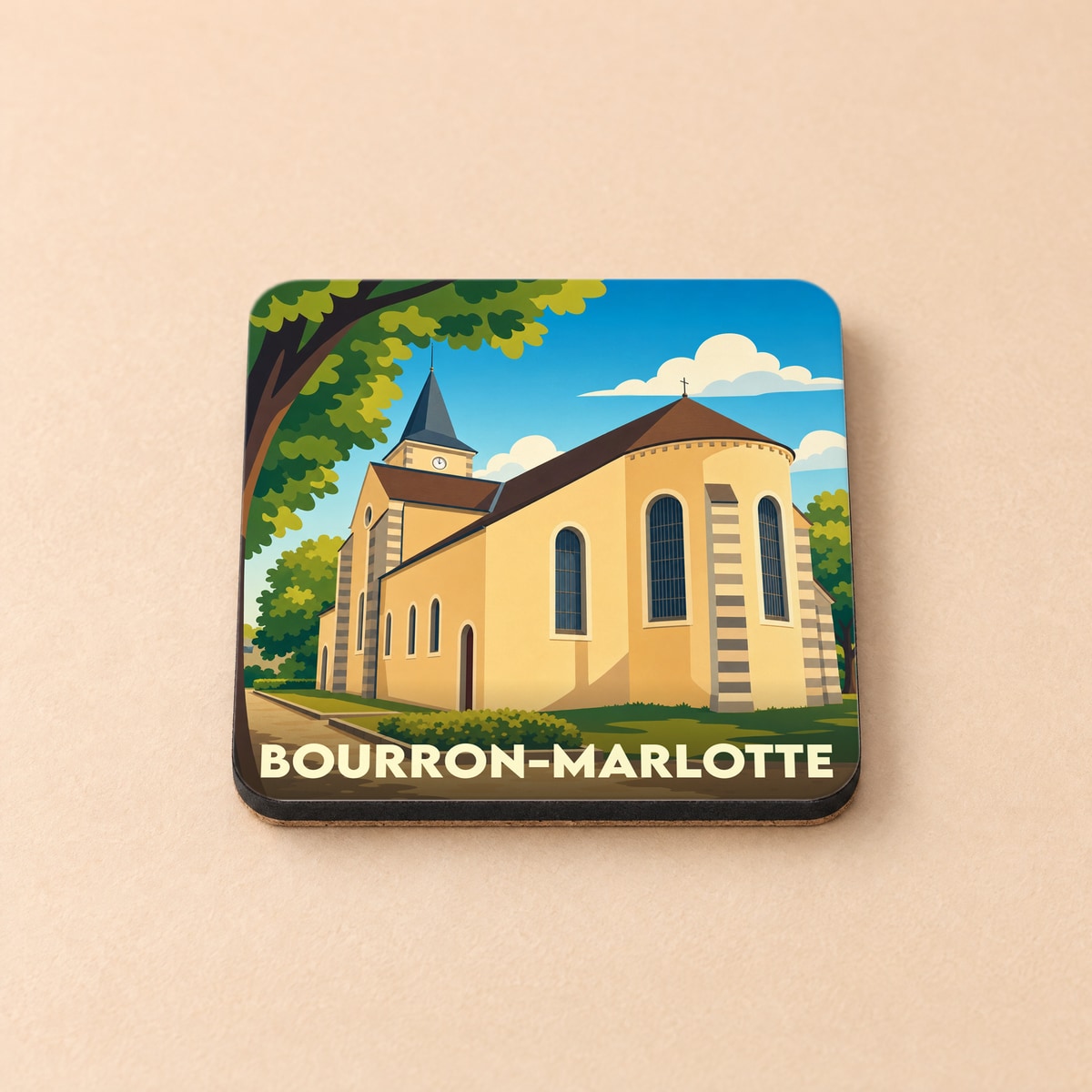 Dessous de verre souvenir de la ville de Bourron-Marlotte avec une illustration stylisée d'une église.