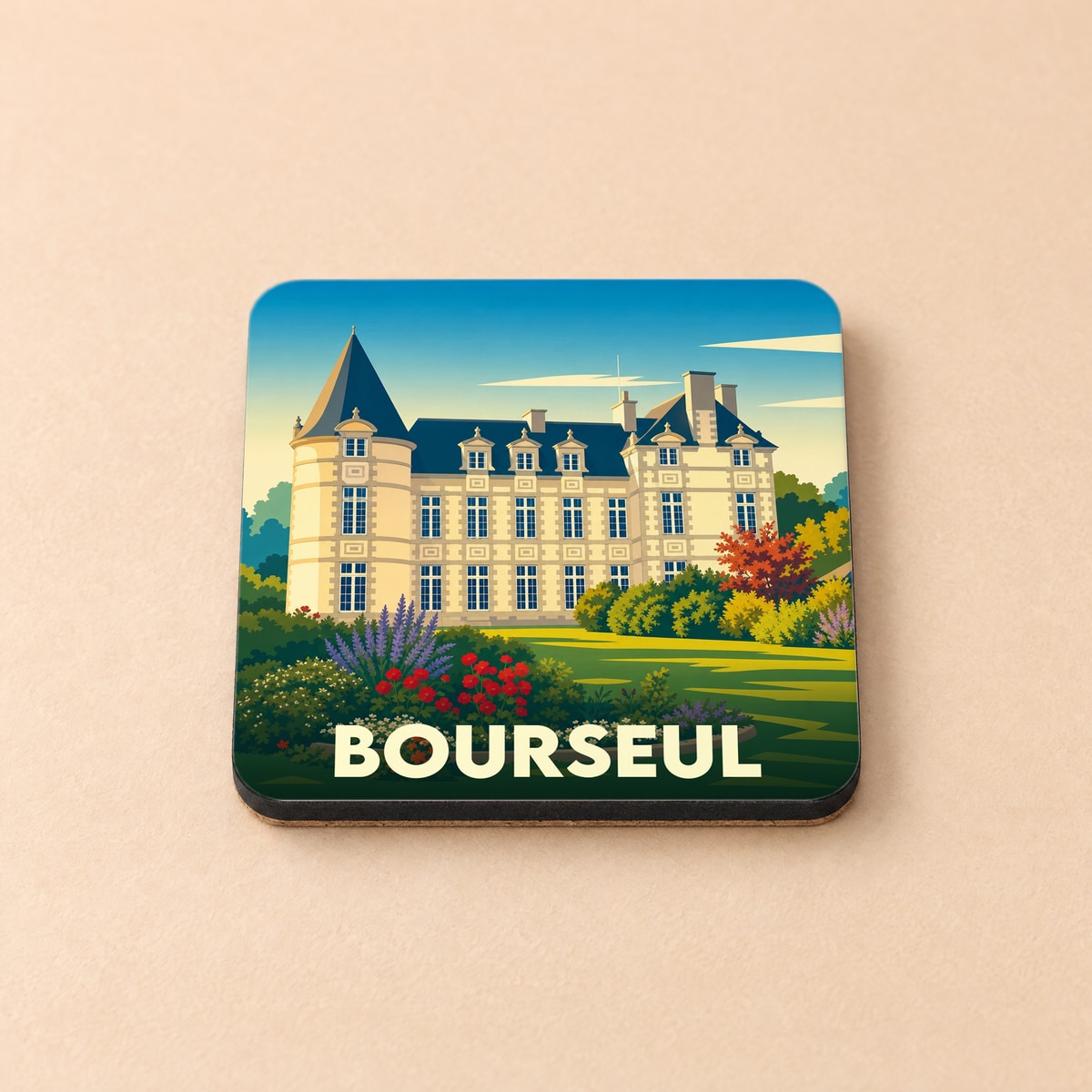 Dessous de verre souvenir de la ville de Bourseul avec une illustration stylisée d'un château et de jardins.