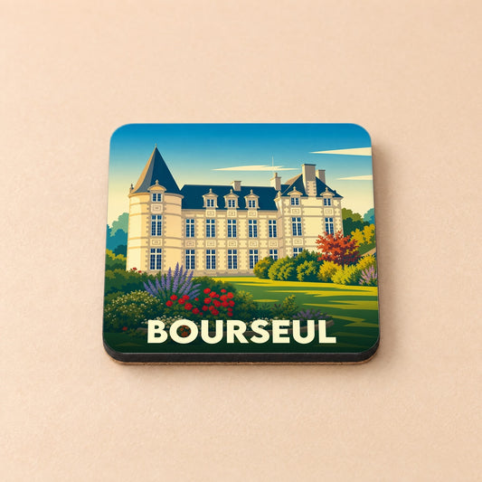 Dessous de verre souvenir de la ville de Bourseul avec une illustration stylisée d'un château et de jardins.