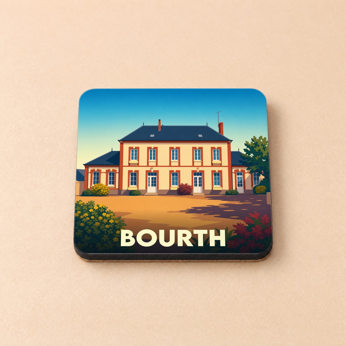 Dessous de verre souvenir de la ville de Bourth avec une illustration stylisée d'un bâtiment remarquable.