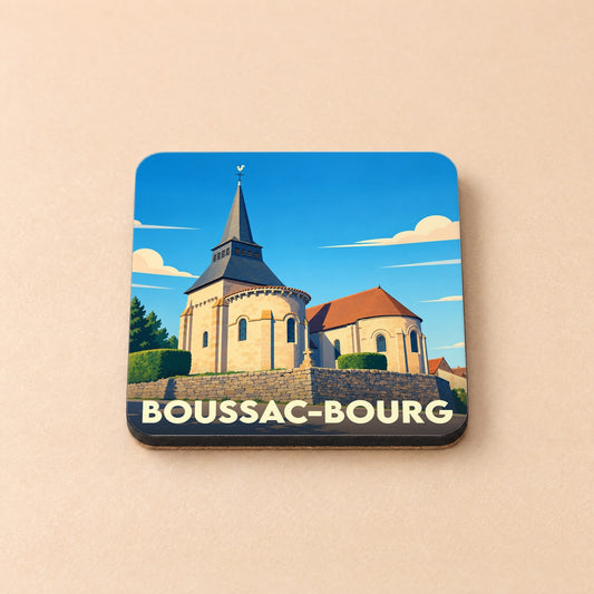 Dessous de verre souvenir de la ville de Boussac-Bourg avec une illustration stylisée de son église.