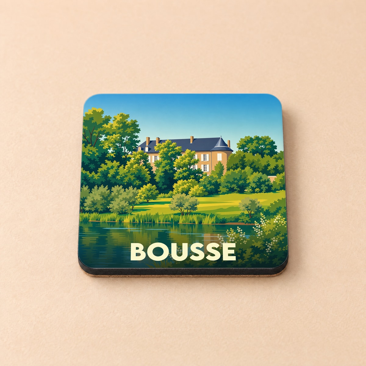 Dessous de verre souvenir de la ville de Bousse avec une illustration stylisée d'un château au bord de l'eau.